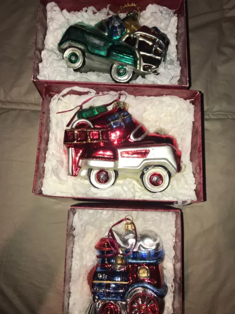 Hallmark Hand Blown Christmas Ornaments Murray Fire Truck / Wagon / Loco MCM