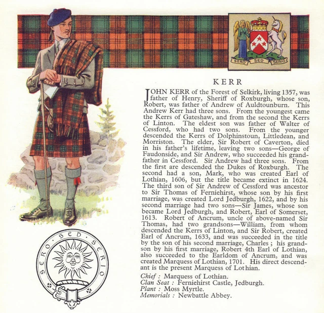 Kerr. Scotland Scottish clans tartans arms badge 1963 old vintage print