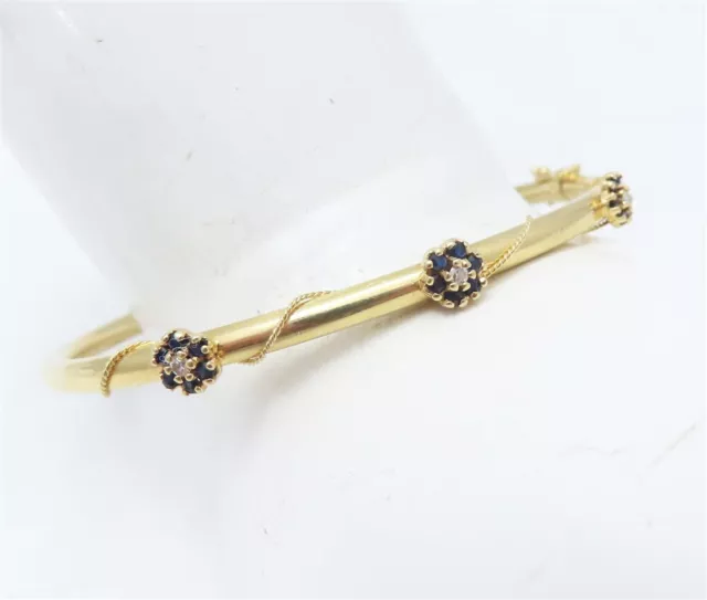 14K Yellow Gold Sapphire & Diamond Accent Flower Hinged Bangle Bracelet