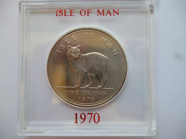 1970 Isle of Man Crown coin uncirculated Manx Cat, in a near scratch free case.