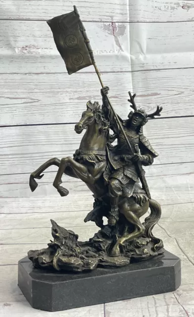 Japanese Samurai Warrior on Horseback w/ Battle Flag Bronze Sculpture Statue Art