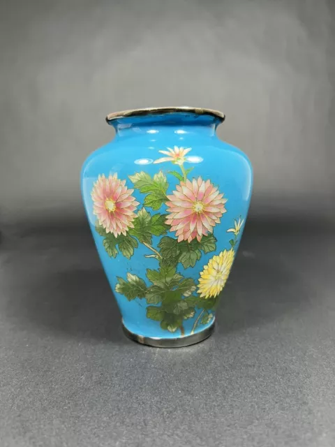 Vintage Japanese Cloisonné Blue Silver Plate Enamel Vases Chrysanthemum Flower
