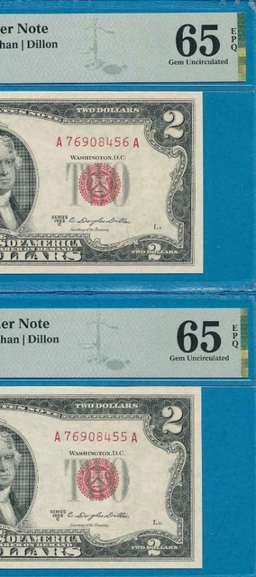 2-$2.00 1953-C RED SEAL UNITED STATES NOTEs CONSECUTIVE  PMG  GEM  NEW 65EPQ