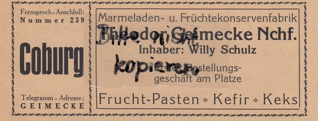 COBURG, Werbung 1920, Theodor Geimecke Nachf. Marmeladen-Früchte-Konserven-Fabri