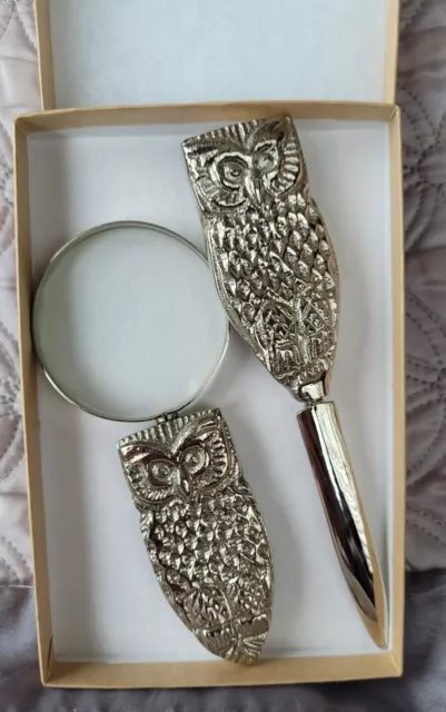 silver plated owl letter opener & magnifying glass set