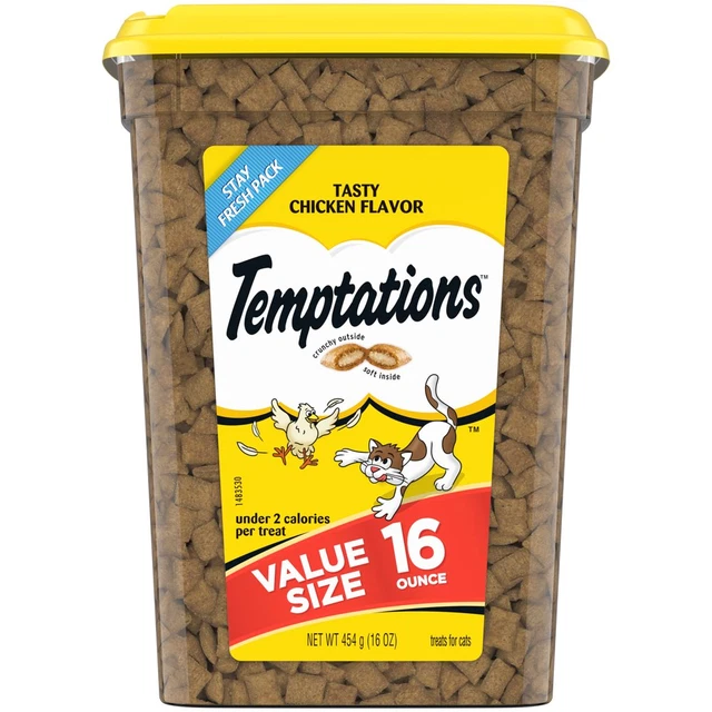 TEMPTATIONS Clásicas golosinas crujientes y suaves para gatos sabroso sabor a pollo 16 oz. Bañera