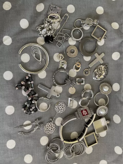 Vintage Now Costume Jewelry Lot Broken Upcycle Craft Parts Silver tone Large