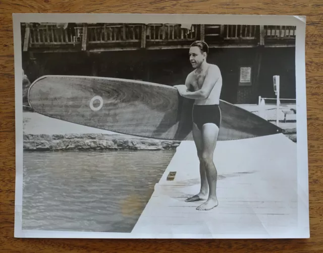 Vintage Wood Surfboard Surfing Tom Blake Rescue Paddleboard Surfer Photo 1937