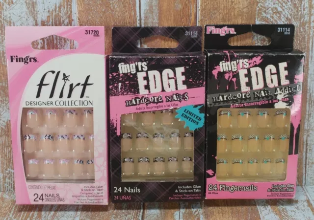 Lot of 3 Fake Nails Fing'rs Flirt Edge Glitter French Manicure Kit Assorted #57