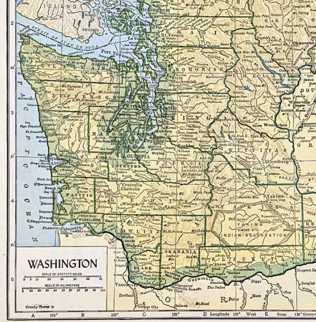 1953 Washington Map ORIGINAL Seattle Tacoma Puget Sound Olympia Port Angeles