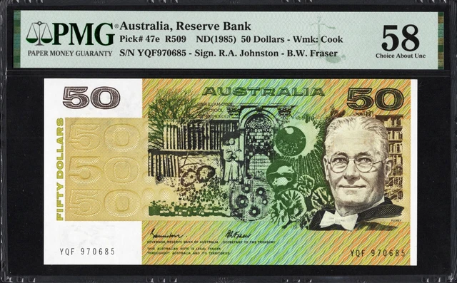 Australia 50 Dollars P47e R509 1985 Johnston Fraser PMG58 Choice aUNC Banknote