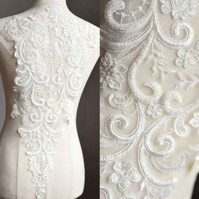 Embroidery Costume Lace Applique Off White Beaded Bridal Evening Dress Motif 1PC