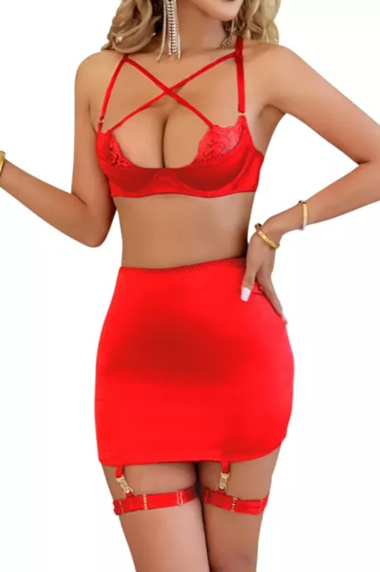 Sexy Red Satin Strappy Three-Piece Lingerie Set Bralette Bra Plus Size 8-14