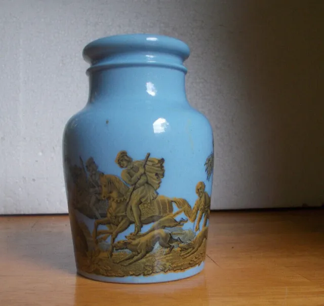 1860s BLUE PRATTWARE POTTED MEAT BOTTLE BOAR HUNT SCENE WITH DOGS HORSES ETC