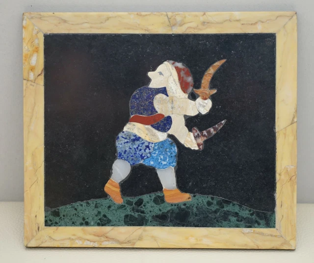 Four Rare Antique Italian Pietra Dura Marble Tiles Wall Plaque Fire Eater Jester 8