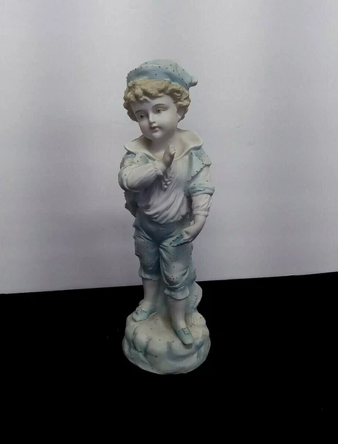 Antique German Porcelain Bisque Boy Blue & White  12"