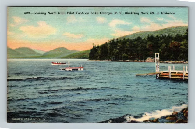 NY-New York Lake George Docks Boat Shelving Rock Five Mile Mtn. Vintage Postcard