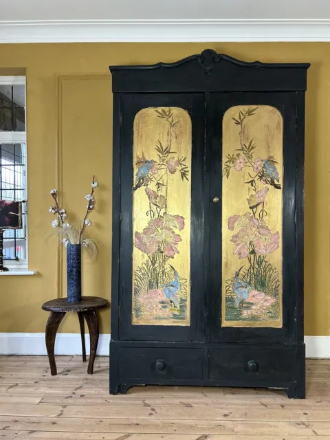 Vintage Painted Pine Armoire/Wardrobe With Inlaid Oriental Design