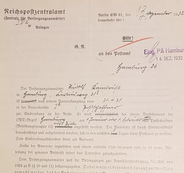 BERLIN: Reichspostzentralamt - Schreiben v. 13.12.1932