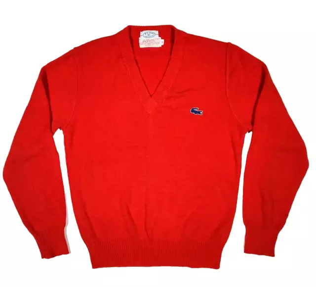 VINTAGE IZOD LACOSTE V NECK KNIT SWEATER BOYS 16 RED BLUE CROC ACRYLIC 80s