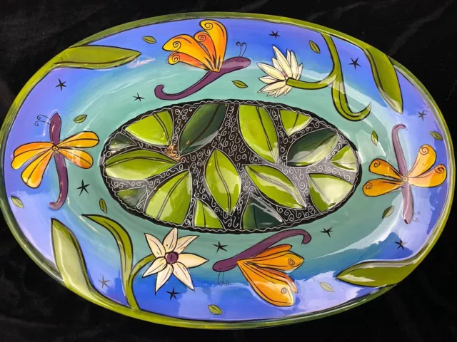 1980's /90's Terri Kern Signed Art Pottery Dragonfly Butterfly Oval 14" Platter