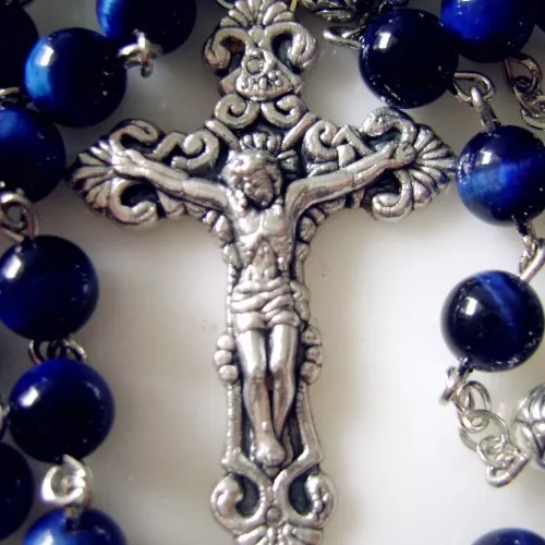 BULE Tiger Eye Bead & Silver Rose Beads ROSARY CROSS NECKLACE CRUCIFIX CATHOLIC