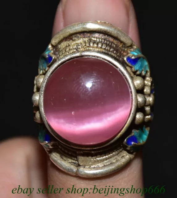 1.2" Old Chinese Silver Enamel Pink Opal Gems Fengshui Jewelry Round Ring Statue