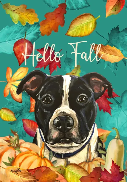 Hello Fall Garden Flag - Black and White Pit Bull Terrier 134051 (HH)