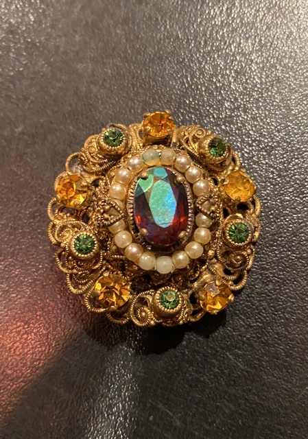 Broche Vintage Signée Gil Agena – Pierres Dorées Et Rubis, Pièce Unique