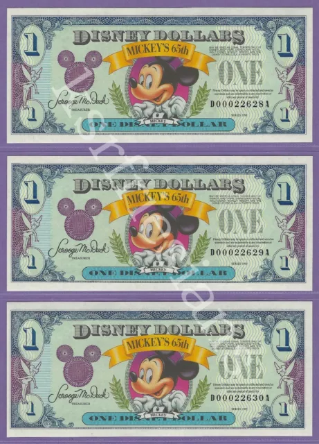 1993 $1 MICKEY DISNEY DOLLARS (3)Consecutive D00022628A-D00022630A Mickey's 65th