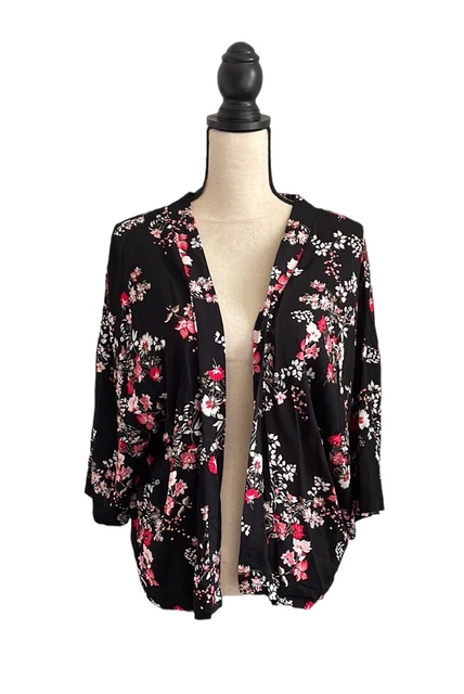 LOFT Black Floral Kimono Style Cover XS / Small Japanese Flower Print Cardigan