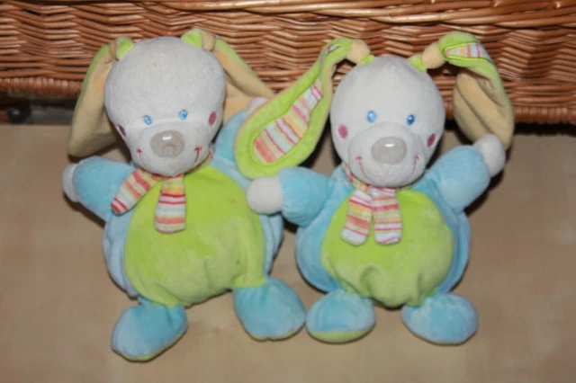 Doudou Mots D'enfants Lapin Bleu Vert Echarpe Lot De 2