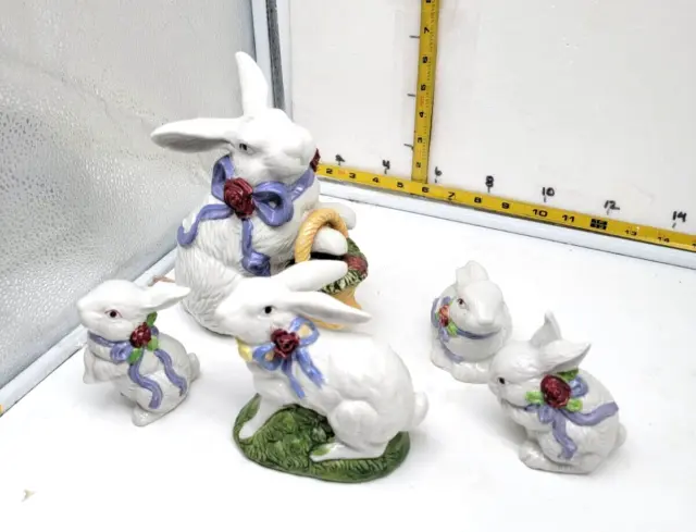 5 Rabbit Easter Bunny Figurine - Ceramic - Red Rose & Blue Bow - Basket