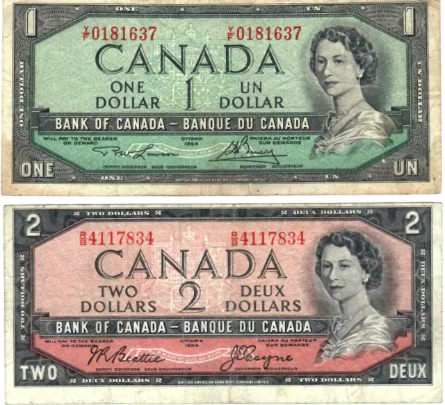 1954 Canada 2 Cutting Error Bank notes 1954 $1.00 and $2.00 dollars circulated,
