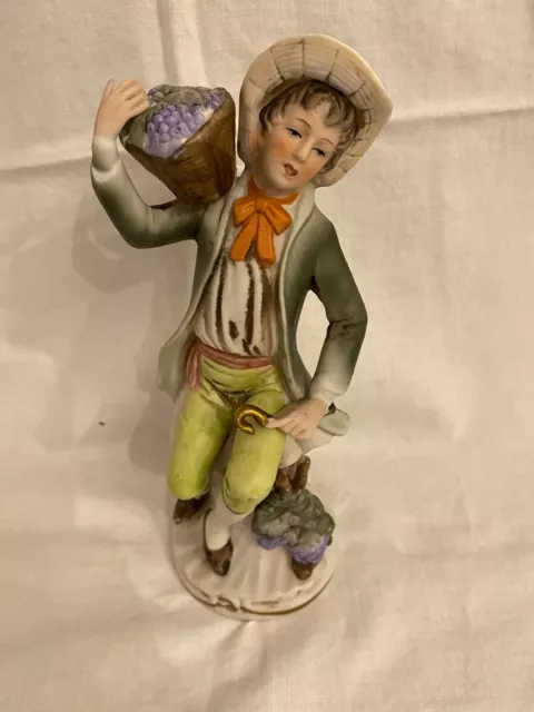 Homco Bisque Porcelain Figurine 1258 Boy Man Grapes Carrying Basket