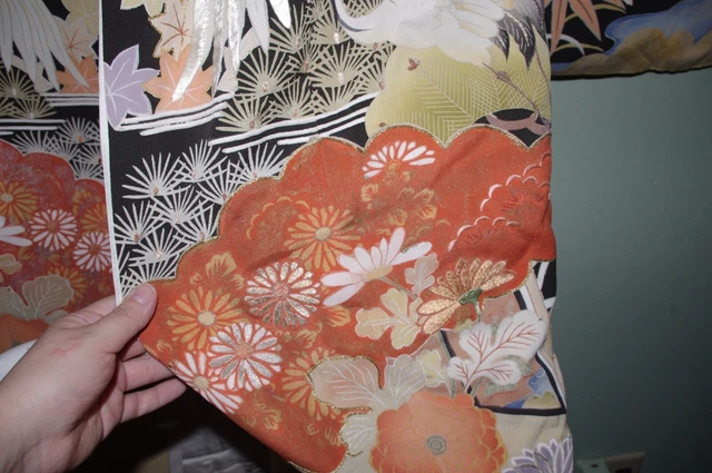 Classic! Antique Vintage Japanese Kimono Kuro furisode hikizuri Taisho Showa 24