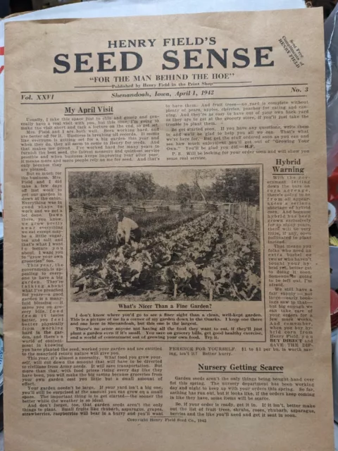 1942 Henry Field's Seed Sense Henry Field Seed & Nursery Co Shenandoah Iowa WW2