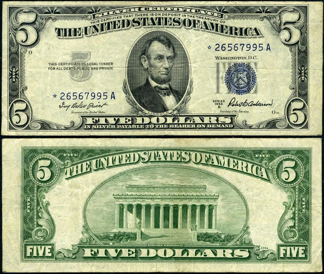 FR. 1656 * $5 1953-A Silver Certificate *-A Block VF+ Star