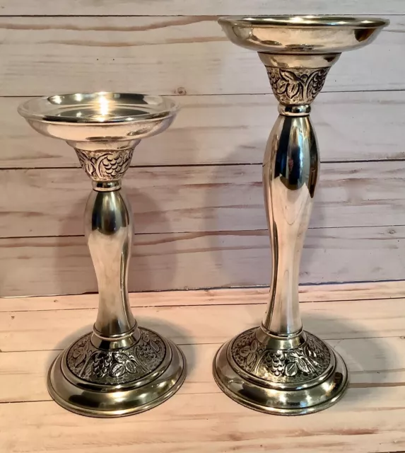 (2) POTTERY BARN Vintage Vine Silver Pewter Taper or Pillar Candle Holders 8-10"