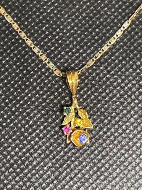 18 K Yellow Gold Flower and Emerald,ruby, citrine, blue topaz pendant