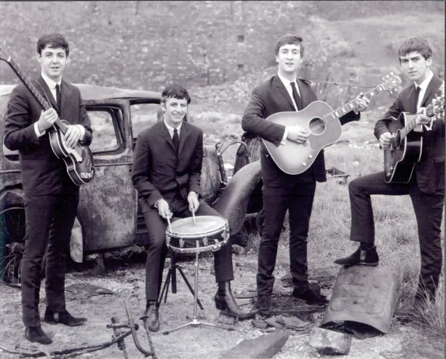Fantastic  Beatles 8x10  black and white photo playing in junk yard