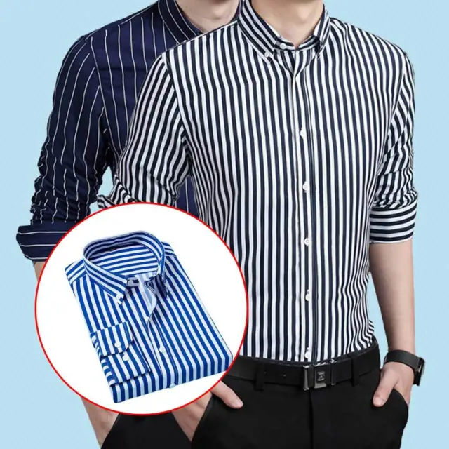 Male Shirts Striped Long Sleeve Casual Slim Button-Up Shirt Office