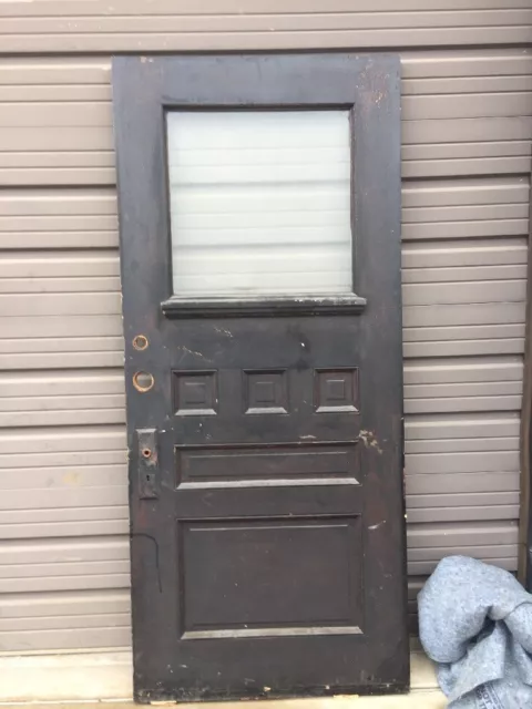 An 68 Antique Oak Beveled Glass Entrance Door Raised Panel 35.5 X 82