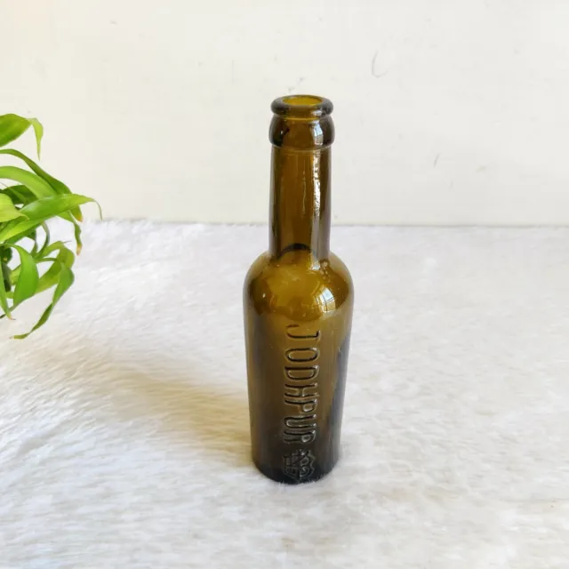 19c Vintage Jodhpur State Embossed Olive Color Glass Bottle Wine Barware GL123 2