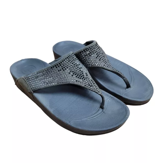 FitFlop Flare Gray Rhinestone Women's Thong Toe Post Wobble Sandals Size 9