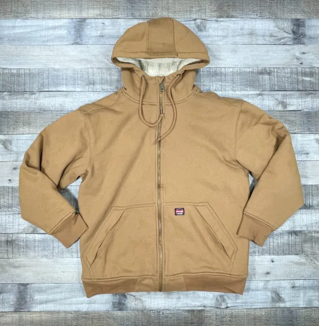 Wrangler Sweatshirt Mens Medium 38-40 Tan Hooded Fleece Lined Workwear Full Zip