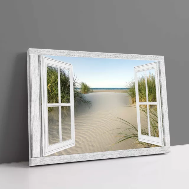 Window frame canvas view of sand dunes beach framed canvas picture print