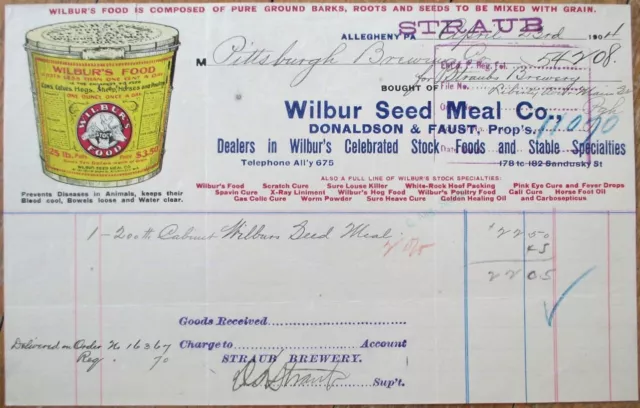 Allegheny, PA 1904 Color Letterhead: Wilbur Seed Meal-Live Stock Food to Brewery