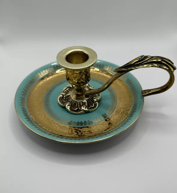 VTG Bavaria Germany Brass And Porcelain Chamberstick Candleholder