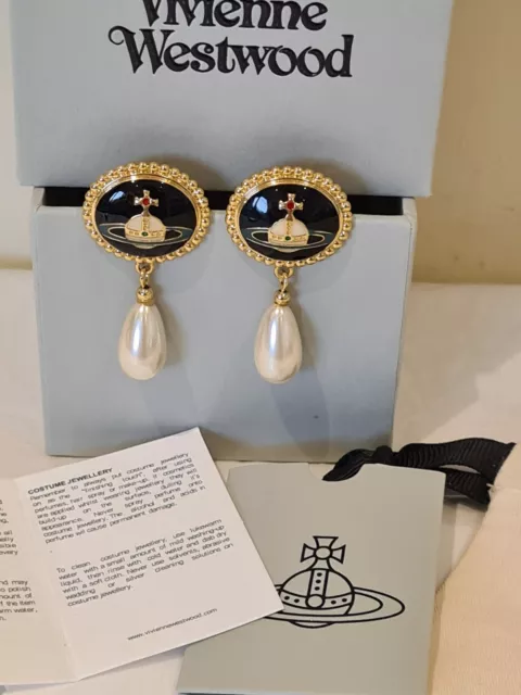 Vivienne Westwood gold tone enamel button Orb drop Earrings New with Box